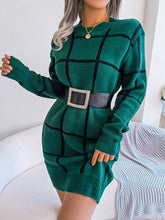 Plaid Round Neck Dropped Shoulder Sweater Dress OutfitFlow